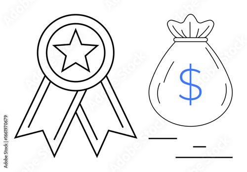 Award ribbon with star and money bag with dollar sign symbolizing rewards, incentives, and monetary success. Ideal for finance, business motivation, achievement, investment, savings, wealth simple