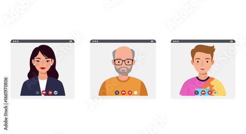 Virtual meeting faces in cartoon style with diverse characters displayed on screens