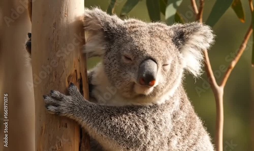 Sleepy koala clinging to a eucalyptus tree trunk in natural light.