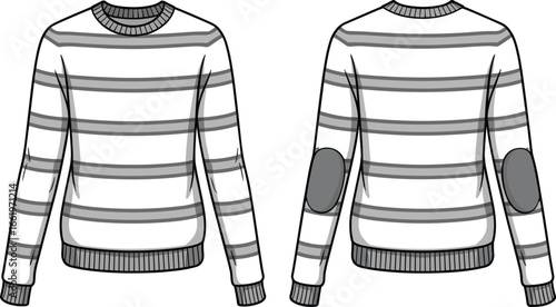 Stylish striped sweater, elbow patch detail, front and back view, flat vector illustration, fashion CAD drawing, apparel template, knitwear design