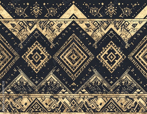 Seamless Aztec inspired pattern, modern geometric tribal motifs, clean vector design, black and gold stylish repeat