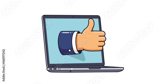 Thumbs up hand emerging from laptop screen in cartoon style for social media concepts