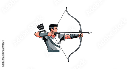 Focused archer aiming with precision, drawing back arrow, symbolizing skill, resolve, and ancient martial arts expertise, illustrating strength