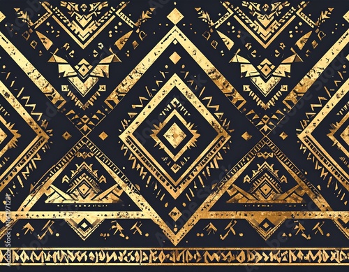 Seamless Aztec inspired pattern, modern geometric tribal motifs, clean vector design, black and gold stylish repeat