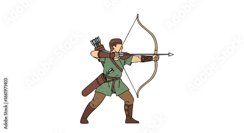 Medieval Archer Aiming Bow and Arrow Illustration Depicting Precision and Ancient Warfare, Isolated on Pure White Canvas Backdrop Art Portraying
