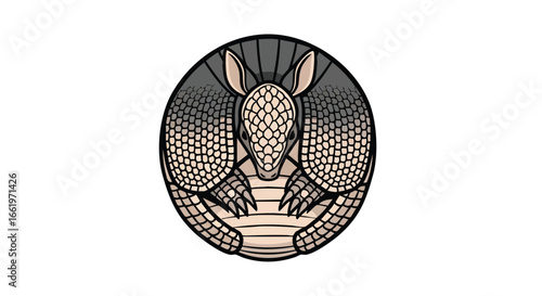 Armored Creature Emblem: A Circular Design Showcasing a Scaled Armadillo in Protective Curl 62 characters
