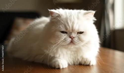 A fluffy white Persian cat rests on a wooden table, its expression appearing slightly grumpy or unimpressed.