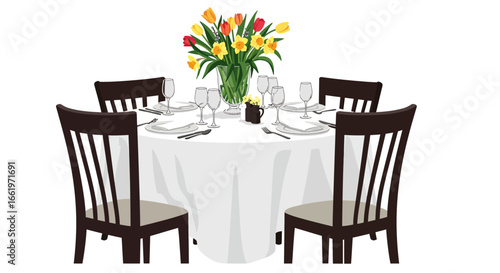 Elegant dining table with floral centerpiece and tableware setup