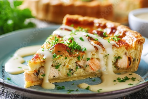 Delicious chicken quiche served on a plate with creamy sauce and fresh herbs in a cozy kitchen setting