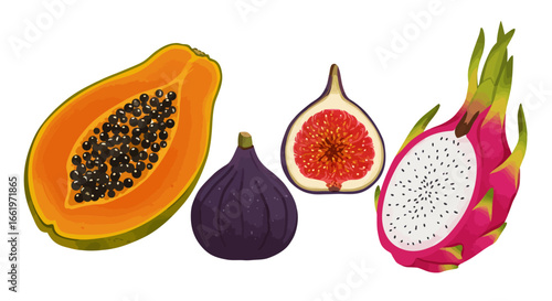 Tropical fruits composition: papaya, fig, dragon fruit