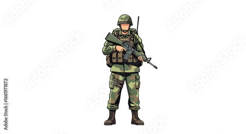 Illustration depicting a soldier in camouflage uniform, holding a rifle with determination against a clean background symbolizing readiness and