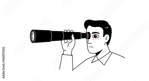 Minimalist person looking through telescope in black and white outline style