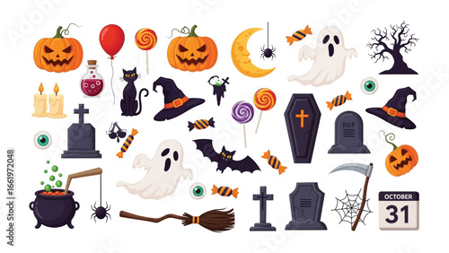 Halloween Assemblage: A vibrant collection of Halloween elements, featuring carved pumpkins, spooky ghosts, grinning jack-o'-lanterns, and haunting decorations in a flat lay.