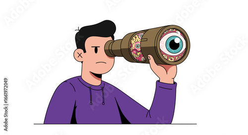 Surreal vision: man using telescope with eye inside in modern flat art style