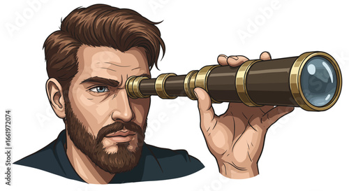 Man gazing through antique telescope with focused expression in detailed artwork