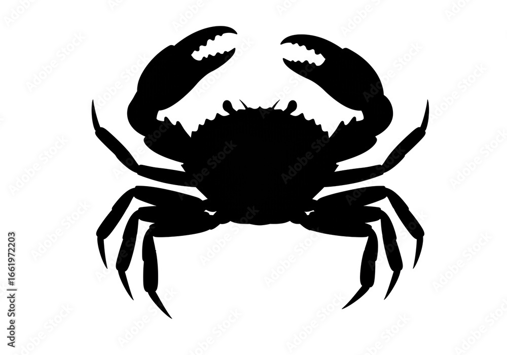 Fototapeta premium Crab Silhouette with Raised Claws and Jagged Shell – Black Marine Crustacean Illustration