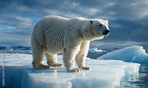 Majestic polar bear standing on a melting iceberg in the Arctic, a powerful symbol of climate change.