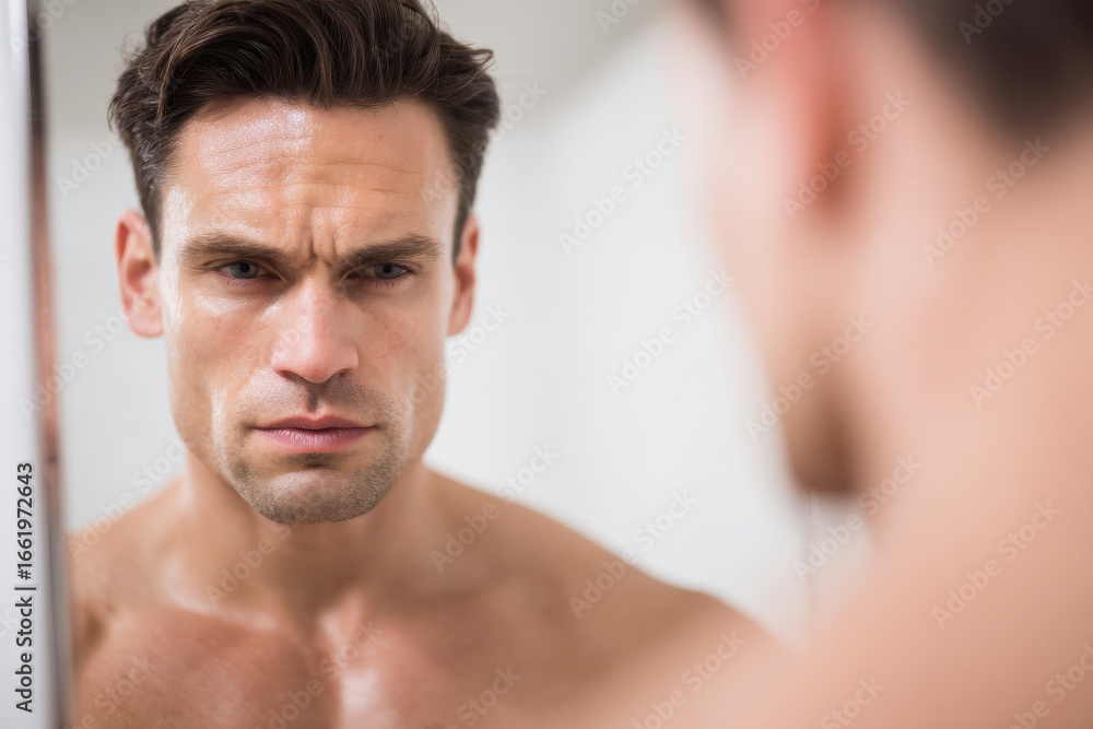 Obraz premium young man with tense neck during isometric workout in front of mirror deeply focused