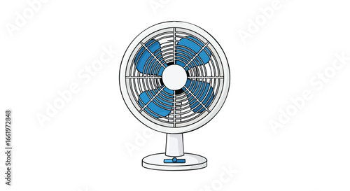 Stylized illustration of a classic electric fan with blue blades and a white frame capturing cooling and comfort for hot days