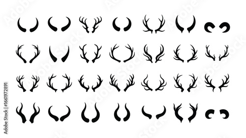 Horn Collection: A stylized collection of assorted horns, elegantly illustrated, creating a striking visual vocabulary for design projects.
