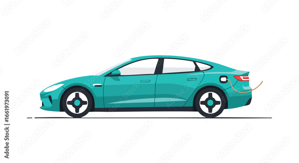 Fototapeta premium Sleek Turquoise Electric Car Illustration with Charging Cable on White Background
