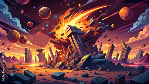 Celestial structure collapses in fiery cosmic ruins, glowing meteors scatter, radiant explosions pulse, drifting fragments illuminate eternity, stellar debris floats, infinite stardust glimmers, nebul