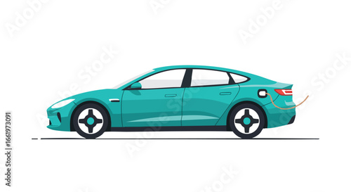 Sleek Turquoise Electric Car Illustration with Charging Cable on White Background