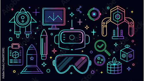 Neon Line Art Futuristic Tech and Space Exploration Illustrations