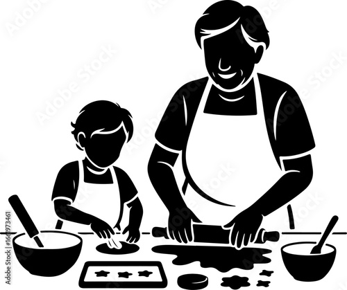 A joyful silhouette of a grandparent and grandchild standing side by side at a kitchen counter, both engaged in baking