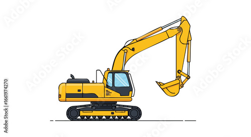 Yellow Excavator Cartoon Illustration Exhibiting Heavy Construction Equipment and Machinery on a Plain Background