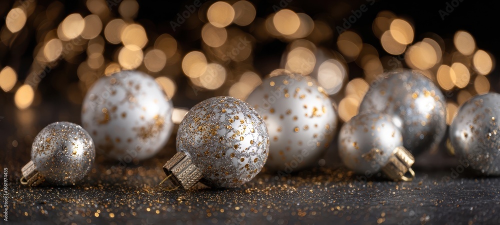 Naklejka premium The sparkling silver ornaments shining on a festive holiday background