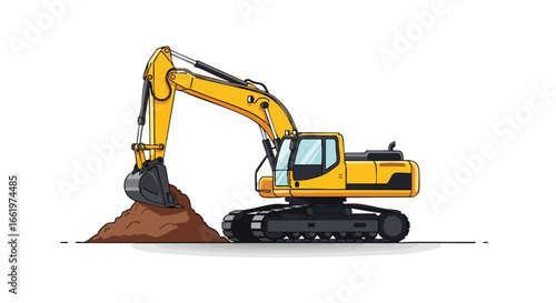 Cartoon excavator working on a construction site, digging into a pile of soil with its powerful hydraulic arm, showcasing industrial machinery