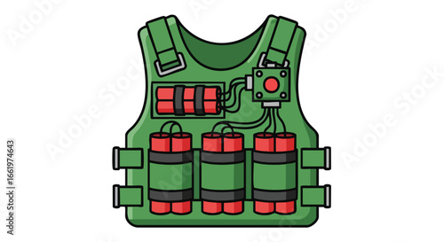 Cartoon illustration of an explosive vest ready for tactical deployment, dangerous equipment isolated on a white background shows safety hazards and
