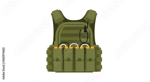 Depiction of a Modern Military Tactical Vest in Olive Drab Green with Explosives Ready for Deployment Vector Illustration