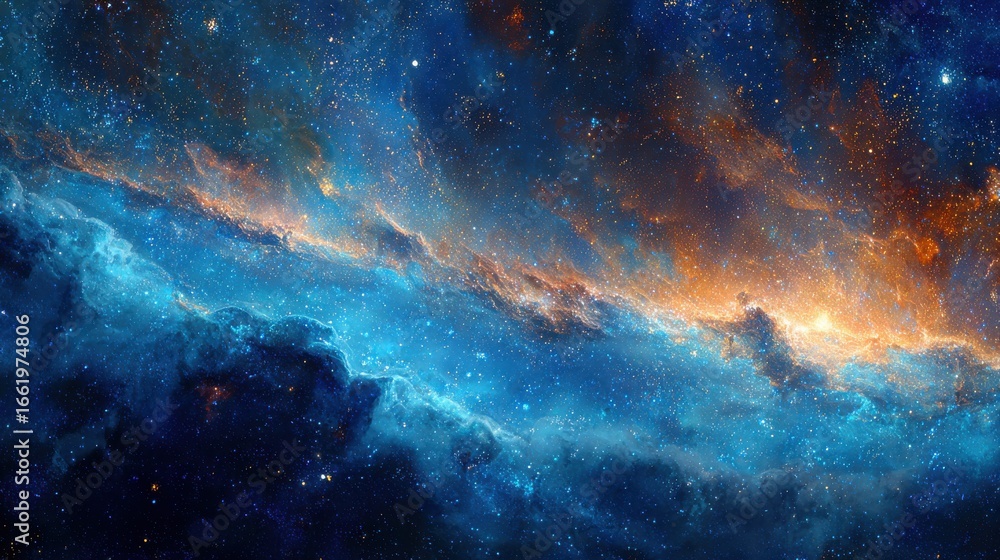 Fototapeta premium Vast Cosmic Expanse with Glowing Blue and Orange Nebulae and Distant Stars.