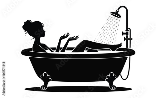Vector art of silhouette of a woman relaxing in a vintage bathtub with shower