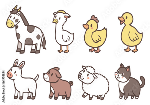 Cute cartoon farm animals collection including a cow llama ducklings rabbit dog sheep and cat