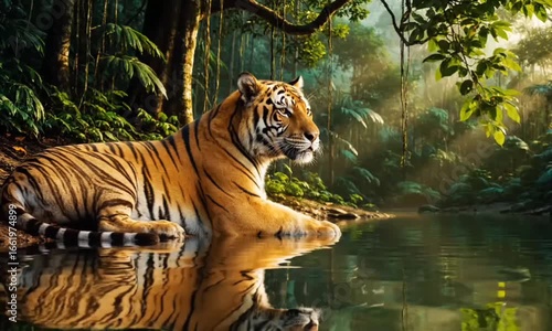 Majestic tiger rests peacefully by a tranquil body of water, surrounded by lush forest vegetation.