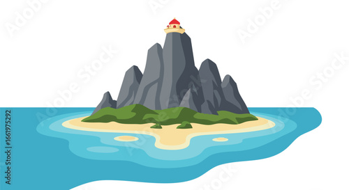 Fantasy Island with Rugged Mountains and a Solitary Building on the Summit, Representing Escape and Adventure, in a Stylized Cartoonish Design