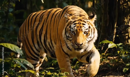 A Bengal tiger walks through a lush, green forest, looking directly at the viewer.