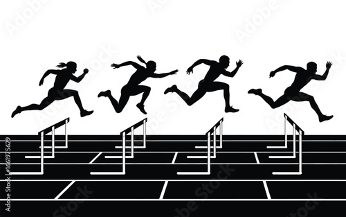 Vector art of silhouetted athletes jumping over hurdles on a track, showcasing the energy and determination of sports