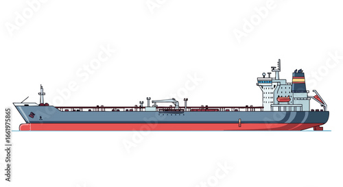 Detailed Vector Illustration of a Modern Oil Tanker Ship Navigating on Calm Waters for Global Trade