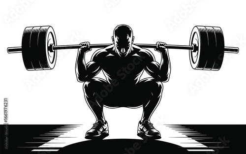 Vector art of silhouette of a strong man performing a barbell squat, , representing fitness, exercise, and weightlifting