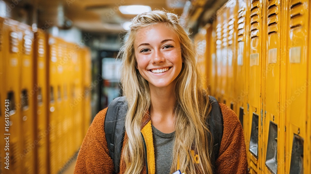 Fototapeta premium Smiling student with backpack standing in school hallway lined with yellow lockers in bright and cheerful atmosphere