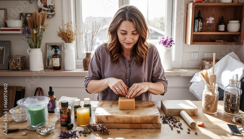 Woman preparing natural soap on wooden table in cozy home setting  