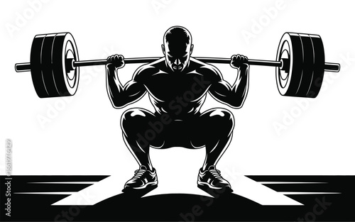Vector art of silhouette of a determined man doing a barbell squat, , symbolizing strength, fitness, and dedication to training