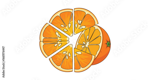 Vibrant orange fruit composition displaying segmented citrus sections and a whole fruit, designed for health conscious visuals of nutrition and