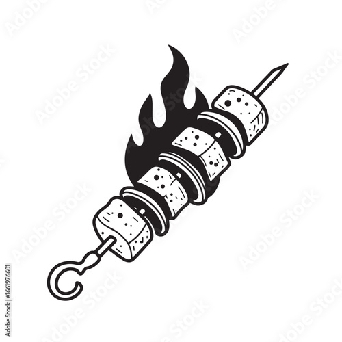 A black and white vector illustration of a grilled kebab with flames and hook end