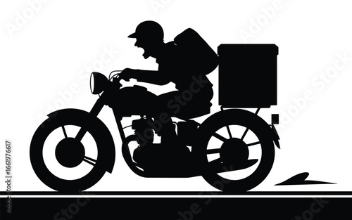 Vector art of silhouette of a delivery man riding a motorcycle, delivering packages with speed and efficiency in the city