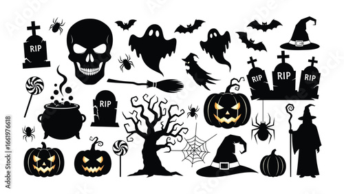 Spooky Halloween Silhouette Collection: Embrace the enchantment of the season with this compilation of silhouette icons. Featuring playful ghosts, grinning pumpkins, whimsical witch hats.